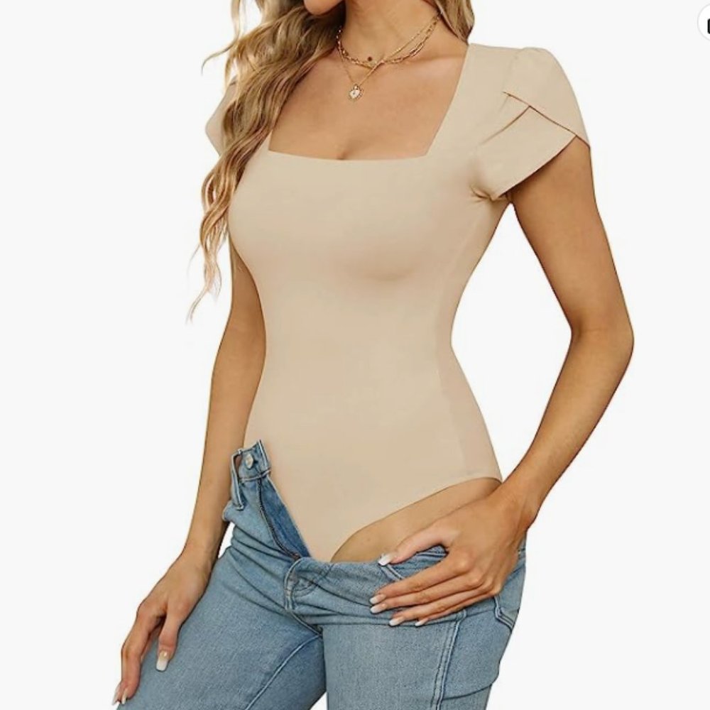 PINKMSTYLE Square Neck Petal Sleeve Bodysuit Slimming Short Sleeve - Sand XXL
